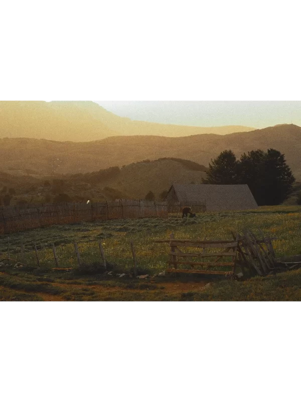 Predivna fotografija na planinskom vrhu, baka koja radi u katunu. Pozadinski osvjetljeno i u toplin tonovima koji se prelivaju preko planinskih vrhova