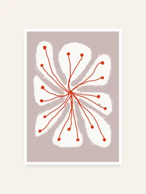 Crtež cvijeta bijelih latica i crvenih tučaka na roze pozadini - slika za zid