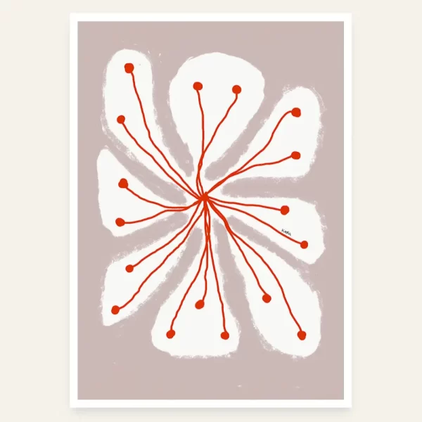 Crtež cvijeta bijelih latica i crvenih tučaka na roze pozadini - slika za zid