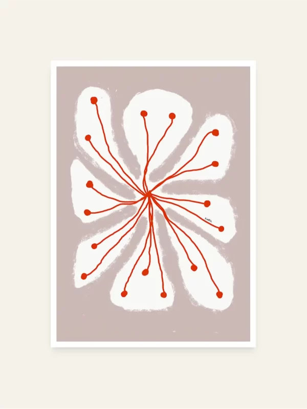 Crtež cvijeta bijelih latica i crvenih tučaka na roze pozadini - slika za zid