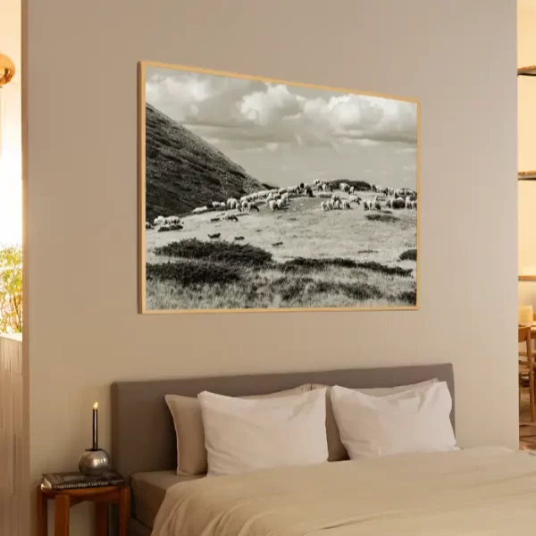 Stado ovaca visoko na planini, pod oblacima - slika na zidu sobe x large
