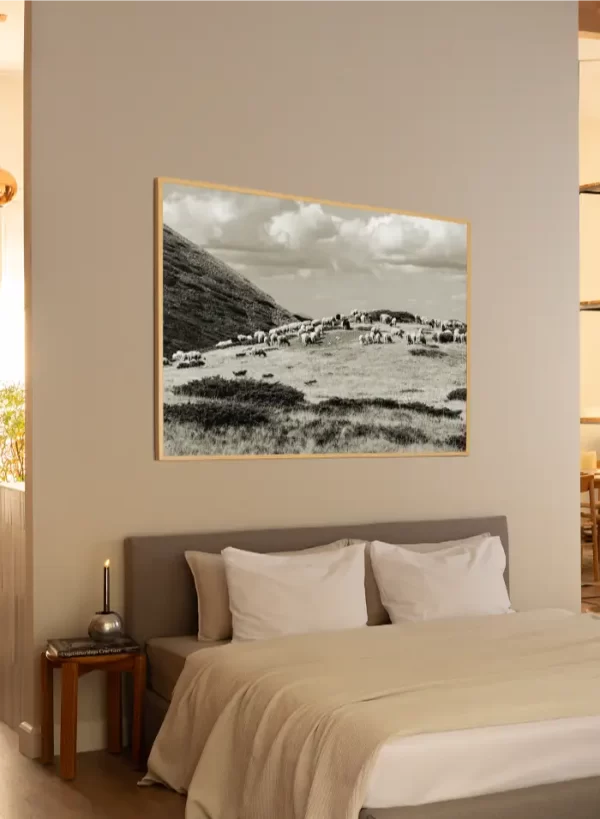 Stado ovaca visoko na planini, pod oblacima - slika na zidu sobe x large
