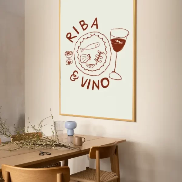 Crtež sa ispisom Riba i vino - slika na zidu x large