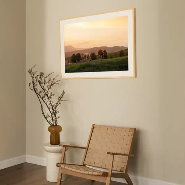 Fotografija dva konja koja pasu na zalasku sunca - slika na zidu