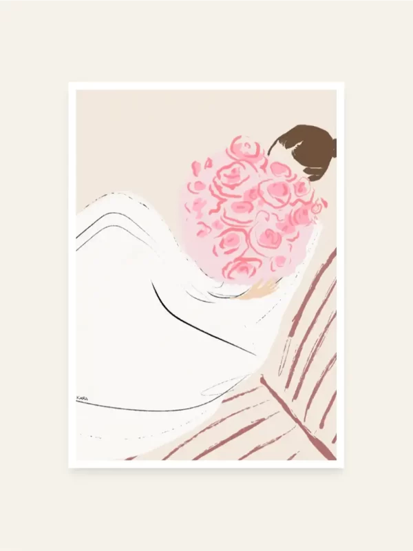 crtež djevojke sa buketom cvijeća - slika za zid