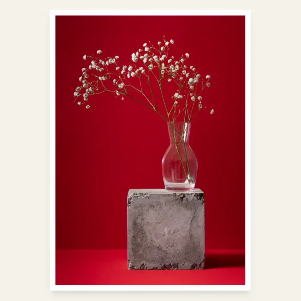 Bijelo cvijeće u staklenoj vazi na bloku, na crvenoj pozadini - slika za zid