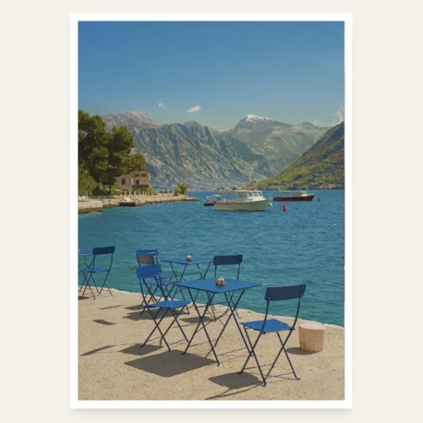 Caffe Perast View on chairs and tables overlooking Boka Bay